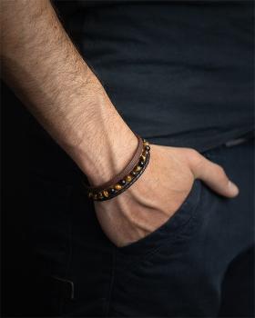 Preview: Dreifaches Armband mit 6 mm Tigerauge-Stein und Nappaleder - Triple Brown